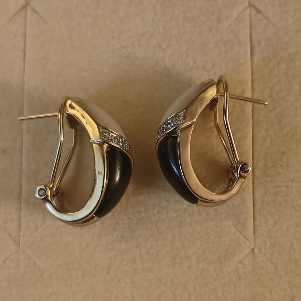 10k Gold Onyx And Mother Of Pearl Vintage Earrings - Picture 4 of 6